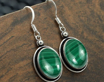 Oval Malachite Dangle Earrings: 925  Silver Gemstone