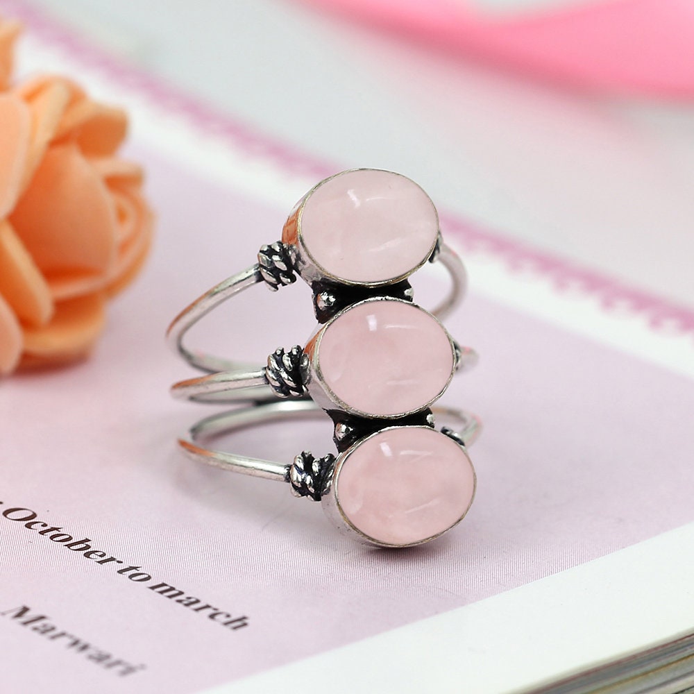 Oval Shape Rose Quartz Silver Ring, Love Stone Ring - Shraddha Shree Gems