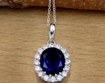 Sapphire & CZ  Silver Pendant Necklace