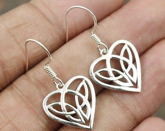 Celtic Knot Heart Shape Earrings, 925 Sterling Silver Earrings, Dangle Earrings, Handmade Earrings, Plain Silver Earring, Gifts For Her