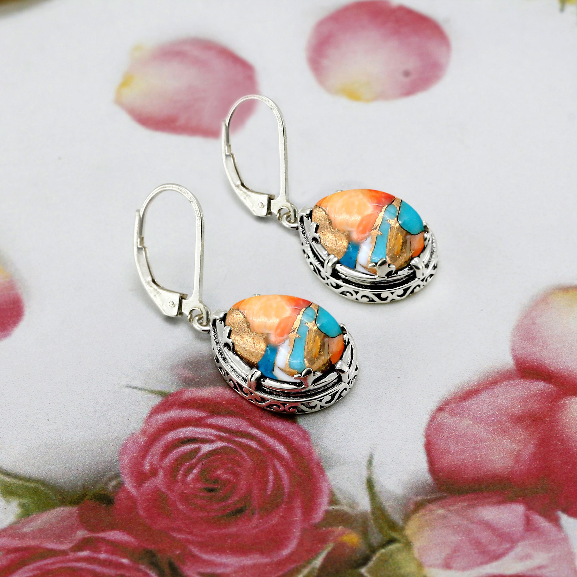 Oyster Copper Turquoise Earrings: 925 Sterling Silver Dangle