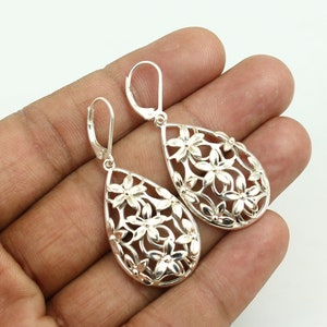 Flower Design Women&#39;s Sterling Silver Earring, Lever Back Earring, Plain Silver Earring, Dangle Earring, Handmade Earring, Gift Her Her