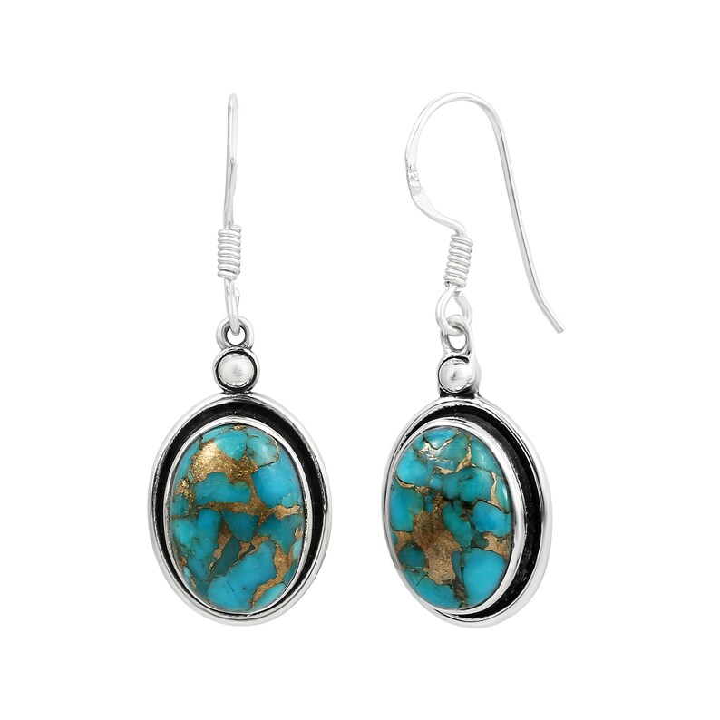 Natural Blue Copper Turquoise Earrings Oval Shape Gemstone Earrings Vintage Earrings Dangle Earrings 925 Sterling Silver Earrings