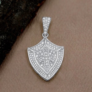 0.76 CT Moissanite Shield Pendant, Iced out Hip Hop Pendant, 925 Sterling Silver White Gold Plated Pendant, Anniversary Pendant For Women