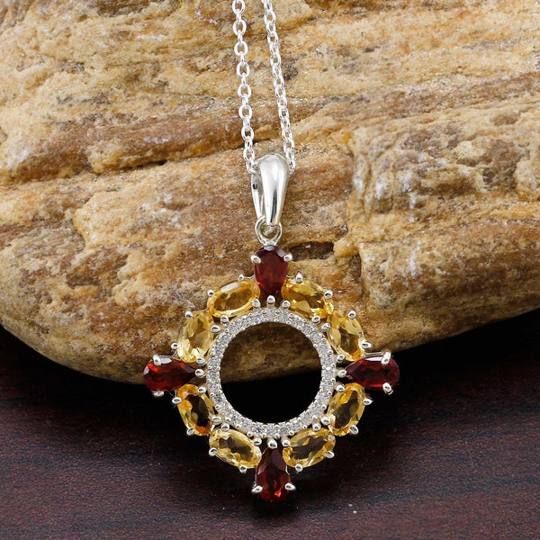 Citrine Garnet Pendant, Sterling Silver Pendant, Cocktail Pendant, 925 Silver Pendant, Multi Stone Necklace, Citrine Garnet Silver Pendant