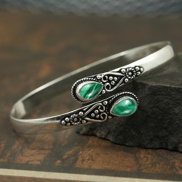 Malachite Bangle-Handmade Bangle-Adjustable Bangle-Boho Bangle-925 Sterling Silver Bangle-Malachite Silver Bangle-Cuff Bangle-Gift For Her