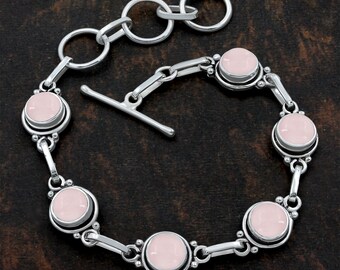 Rose Quartz Silver Bracelet, Sterling Silver Bracelet, Pink Quartz Link Bracelet, Handmade Bracelet, Toggle Bracelet, Gemstone Bracelet