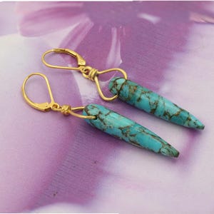 Blue Copper Turquoise Sterling Silver Earrings: Long Dangle Pencil Shape