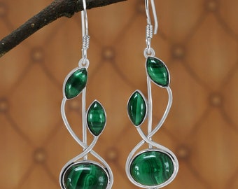 Boucles d'oreilles pendantes en malachite : argent 925, bijoux en pierres précieuses faits main