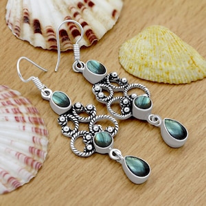 925 Sterling Silver Labradorite Dangle Earrings: Vintage Boho Style
