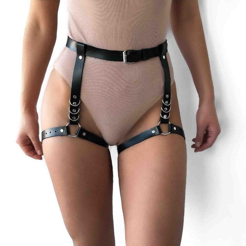 Faux Leather Garter Belt, Handmade Sexy Leg Harness 