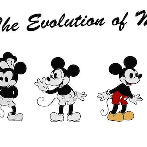 Puede incluir: Una ilustración en blanco y negro que muestra la evolución de Mickey Mouse. La imagen muestra siete versiones diferentes de Mickey Mouse, comenzando con la versión más antigua y terminando con la versión más reciente. El texto "The Evolution of Mickey Mouse" está escrito sobre las ilustraciones.