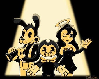 May include: A black and white cartoon illustration of four characters from the video game Bendy and the Ink Machine. The characters are standing in a spotlight, with the top half of their bodies visible. The bottom half of their bodies are obscured by darkness. The characters are Bendy, Boris, Alice Angel, and a fourth character that is not identifiable. The characters are all smiling and looking at the viewer. The background is black.