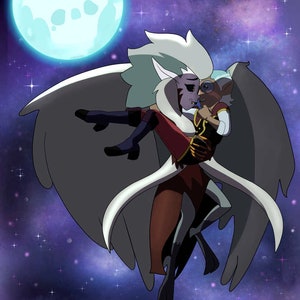 May include: A white-winged creature with a red and black outfit holds a smaller creature with a blue and white outfit in a starry night sky with a full moon.