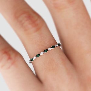 Emerald Band, Gemstone Diamond Wedding Ring, Half Eternity Band for Her, Solid 14K 18K Gold, Dainty Stacking Ring, Stackable Ring
