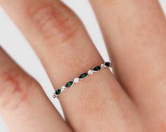 Emerald Band, Gemstone Diamond Wedding Ring, Half Eternity Band for Her, Solid 14K 18K Gold, Dainty Stacking Ring, Stackable Ring