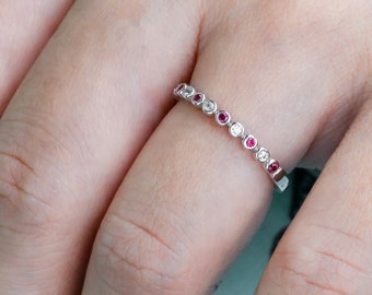 Pink Sapphire Wedding Ring Natural Diamond Sapphire Wedding Band Half Eternity Band Solid 14k 18k Gold Thin Stacking RingPersonalized