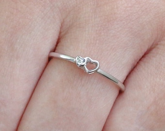 14k/18k Heart Ring, Dainty Diamond Ring, Love Ring, Heart Promise Ring, Friendship Ring, Diamond Ring for Girls, Rose/White/Yellow Gold