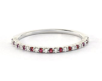 Genuine Ruby Ring, Diamond Wedding Band, Half Eternity Wedding Band, Solid 14K and 18K Gold Band, Dainty Stacking Ring, Stackable Ring Women