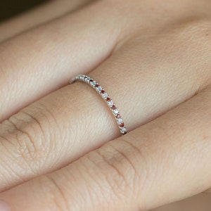 Natural Ruby and Diamond Wedding Band, Half Eternity Wedding Band, Solid 14K 18K Gold, Dainty Delicate Stacking Ring, Stackable Ring