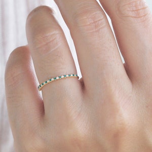 Emerald Wedding Band, Solid 14K or 18K Gold, Emerald and Diamond Half Eternity Band for Ladies, Dainty Stacking Ring, Stackable Ring Women