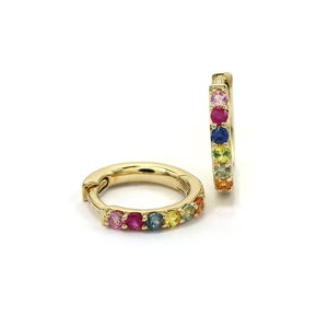 Gemstone Huggie Earrings, Small Rainbow Hoops, Solid 14k/18k Gold, Tiny Gold Hoops, Dainty Multi-Colored Hoops, Mix Gemstone Earrings