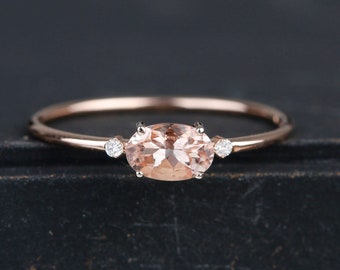 Morganite Ring, Solid 14k Rose Gold, Oval Morganite and Diamond Promise Ring, White Yellow Rose Gold, Dainty Petite Ring for Her Women