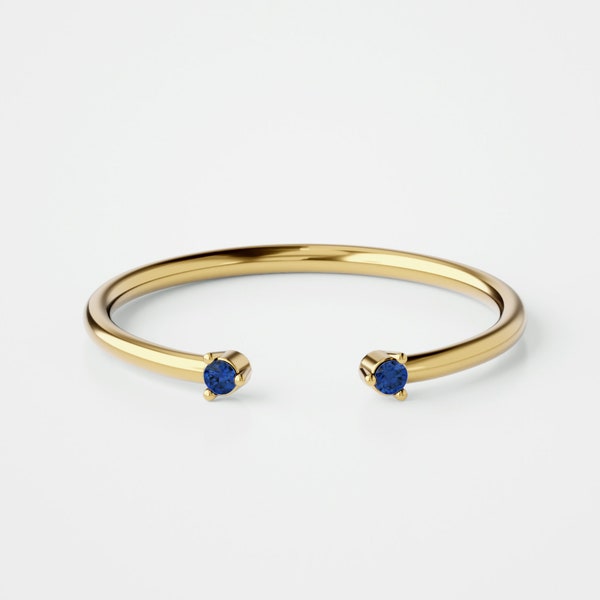 Anello per polsini in zaffiro blu, anello aperto, doppia fascia gemstone, oro 14k / 18k, anello impilabile sottile, anello nuziale impilabile, oro bianco / giallo / rosa