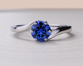 14k Blue Sapphire Engagement Ring, Round cut, Lab Created Sapphire Ring, Certified Lab Made Blue Sapphire, 14k Yellow/white/Rose Solid Gold