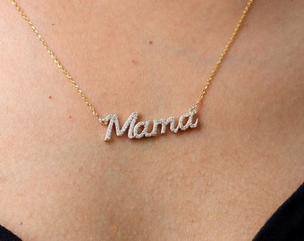 14k/18k Diamond Mama Necklace, Solid Gold, Mom Necklace, Christmas Gift ideas Mom, New Mother Gift, Personalized Mommy Pendant