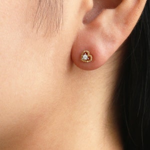 Cute Heart Earrings, Diamond Heart Earrings, Diamond Stud Earrings, Yellow/ White/ Rose 14k/18k Gold, Dainty Tiny Earrings for Girls/Women