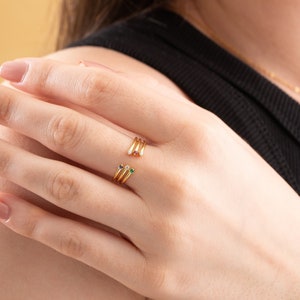 Open Cuff Ring, 14k 18k Solid Gold Ring, Gemstone Ring, Dual Gemstone Band, Thin Stackable Ring, White/Yellow/Rose Gold. Birth Stone image 1