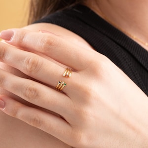 Open Cuff Ring, 14k 18k Solid Gold Ring, Gemstone Ring, Dual Gemstone Band, Thin Stackable Ring, White/Yellow/Rose Gold. Birth Stone