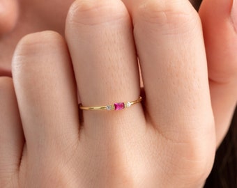 Ruby Ring, Baguette Ruby Ring, 14k Rose Gold Minimalist Ruby Ring, Stacking Three-Stone Round Diamond Ring, Promise Ring, Birthstone Ring