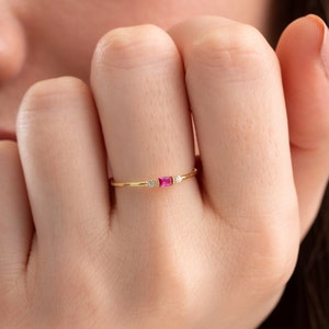 Ruby Ring, Baguette Ruby Ring, 14k Rose Gold Minimalist Ruby Ring, Stacking Three-Stone Round Diamond Ring, Promise Ring, Birthstone Ring