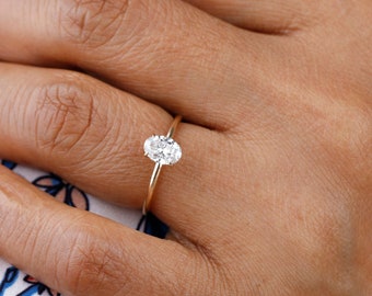 Moissanite Engagement Ring, 1 Carat Oval Wedding Ring, Certified 5x7mm Moissanite, 14k 18k Solid Rose White Yellow Gold, Promise Ring