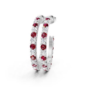Real Ruby Diamond Hoops, Half Inch Ruby Diamond Hoop Earrings for Women, Solid 14k White Gold/Yellow Gold/Rose Gold, Natural Ruby