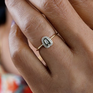 Anillo inicial de diamantes reales de 14k, anillo de letras personalizado, anillo del alfabeto de burbujas, anillo inicial de la A a la Z, anillo personalizado único, amarillo / rosa / blanco