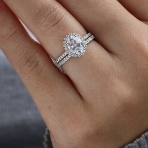 Engagement ring set,  Bridal Wedding Ring Set 10k White Rose Gold, Moissanite Solitaire Halo Engagement Ring, Dainty Engagement Rings.