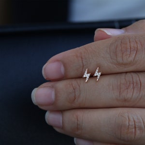Lightning Bolt Earrings, Diamond Stud Earrings, Prong Set Diamond Earrings, Dainty Mini, 14k 18k Yellow Rose White Gold, Screw Back Earrings
