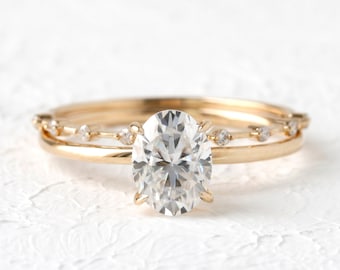 Moissanite Engagement Ring Set, Diamond Half Eternity, 1.5 Carat Certified Oval Wedding Ring, Solid Gold 14k 18k Rose White Yellow