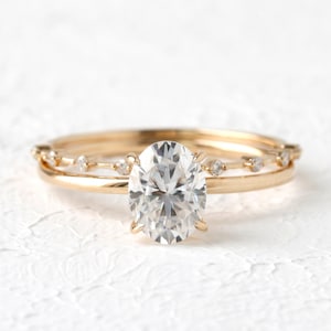 Moissanite Engagement Ring Set, Diamond Half Eternity, 1.5 Carat Certified Oval Wedding Ring, Solid Gold 14k 18k Rose White Yellow