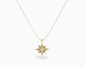 Diamond North Star Necklace, 14k/18k Solid Gold, Dainty Gift for Mom, Charm for Girls, Minimalist Jewelry for Her, Graduation Birthday Gift