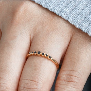 Real Black Diamond Wedding Band, Thin Black Diamond Wedding Ring, Solid 14K and 18K Gold, Dainty Stacking Ring, Minimalist Half Eternity