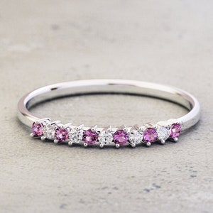 Natural Pink Sapphire Half Eternity/ Alternating Sapphire Diamond Ring/ 14k Solid Gold/ Stackable Diamond Wedding Band/ September Birthstone