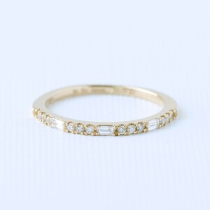 Diamond Wedding Band, Unique Baguette Ring, Dainty Stackable Half Eternity, Stacking Anniversary Band, 14k 18k Yellow White Rose Gold Ring