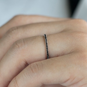 Black Diamond Wedding Band, Thin Wedding Ring, Half Eternity Band for Ladies, Solid 14K 18K Gold, Dainty Stacking Ring Women, Stackable
