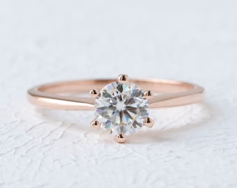 1 ct Round Moissanite Ring, 14k Solid Gold Engagement Ring, 6.5mm Round Cut Certified Moissanite, White Yellow Rose Gold, Dainty Minimalist