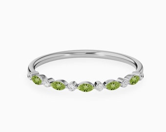 Peridot Band, Gemstone Wedding Ring, Half Eternity Stacking Band for Her, Solid 14K 18K Gold, Dainty Birthstone Stackable Ring