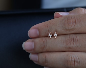 Lightning Bolt Earrings, Diamond Stud Earrings, Prong Set Diamond Earrings, Dainty Mini, 14k 18k Yellow Rose White Gold, Screw Back Earrings